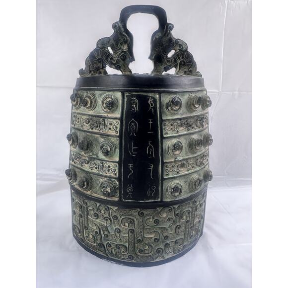 Other - Antique Chinese Dynasty Bronze Ware Xizhou 2 Dragon Ear Clock Bell Zhong statue